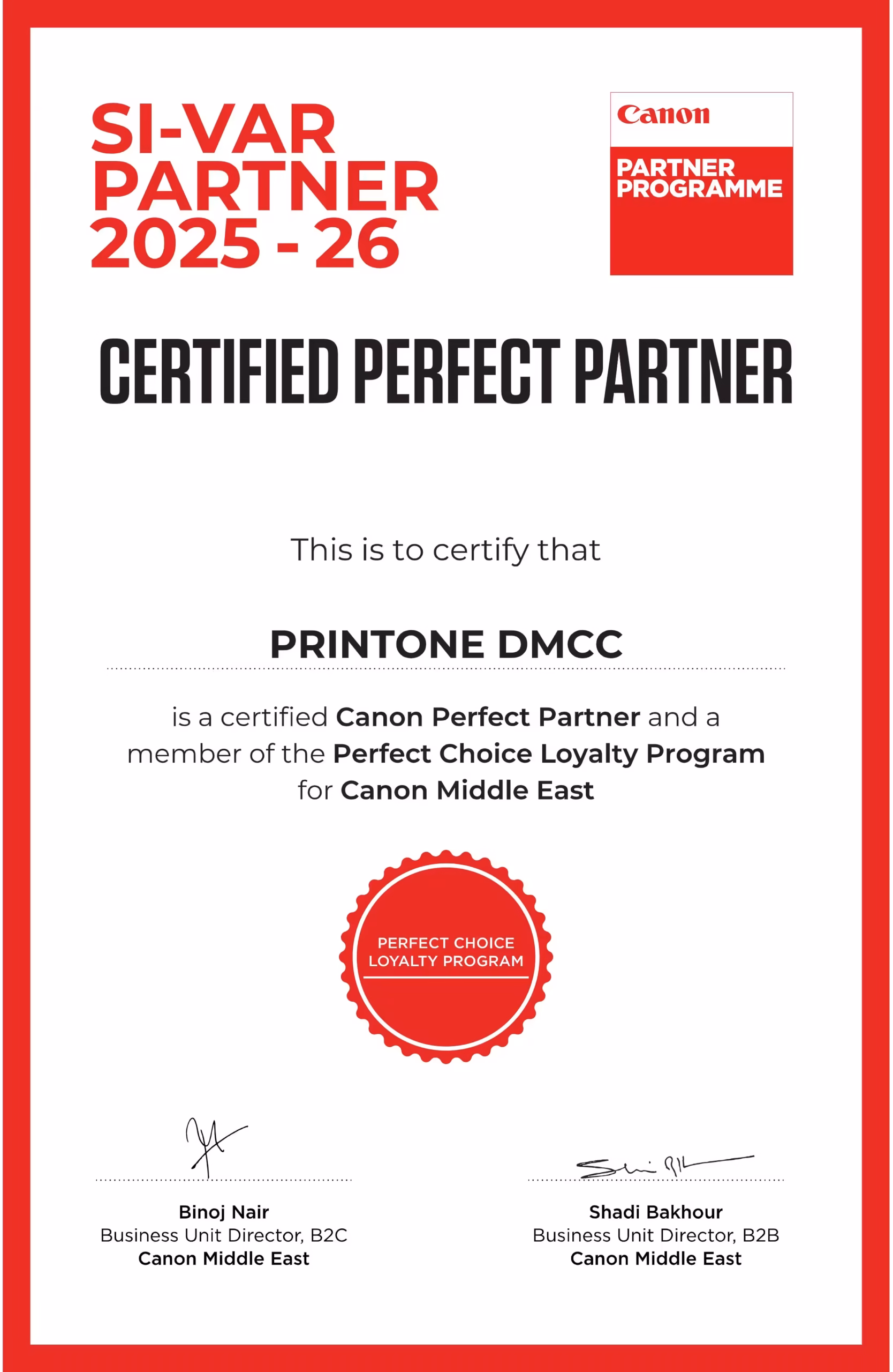 Printone DMCC Canon Perfect Partner Certificate 2025 - 2026